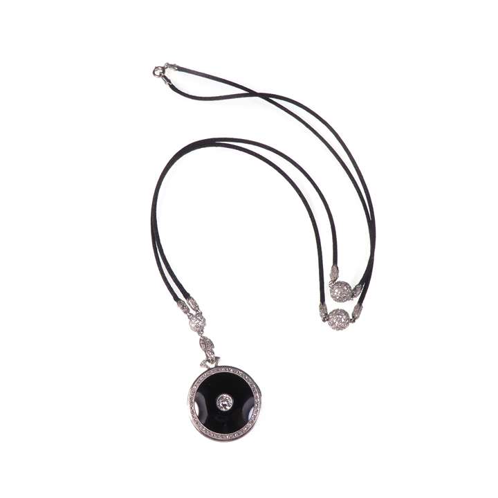 Onyx and diamond circular locket pendant cord necklace